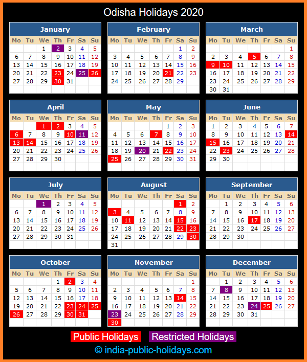 Odisha Holiday Calendar 2020